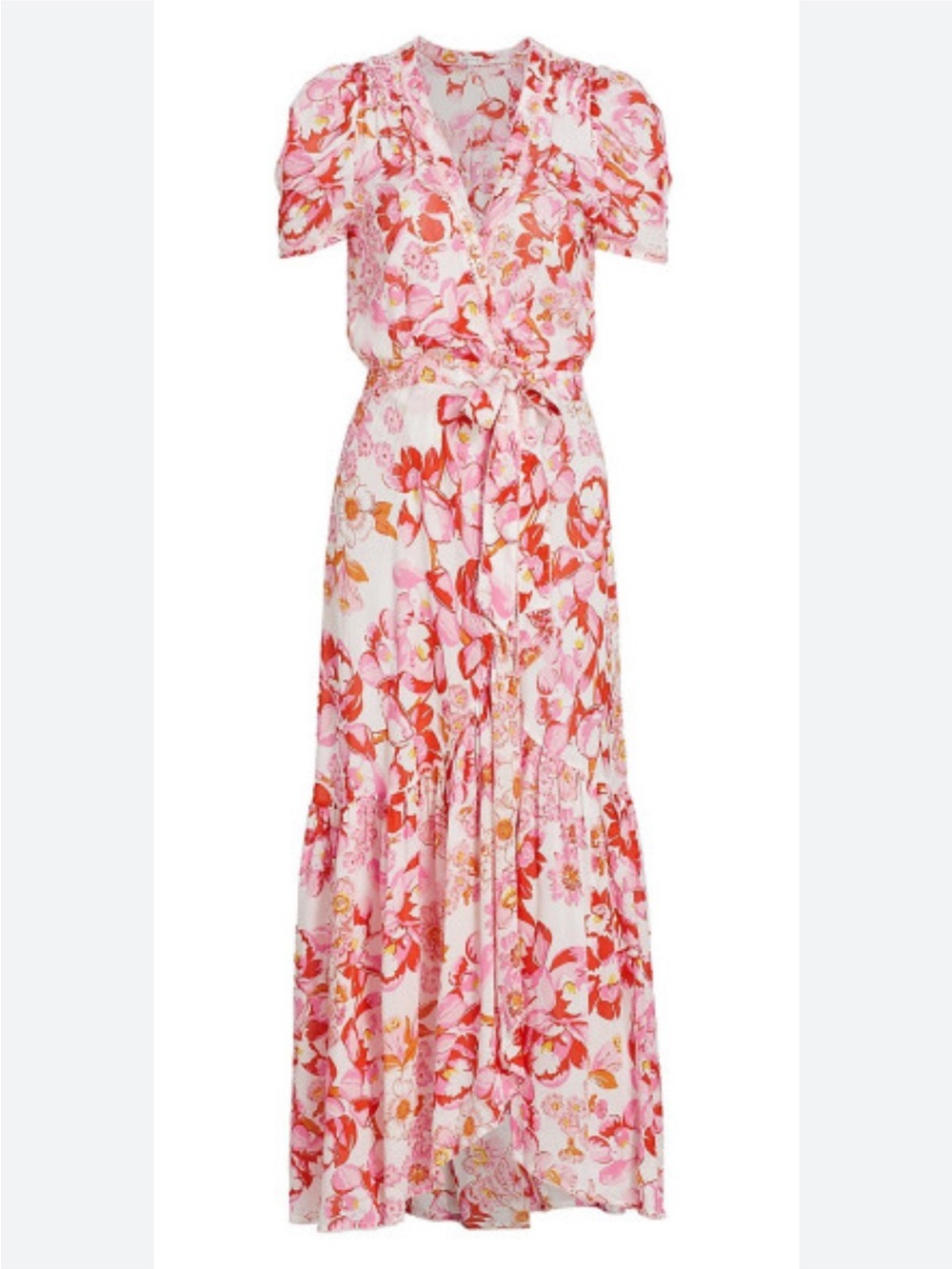 Poupette St. Barth Pink Floral Wrap Maxi Dress with Coral Accents